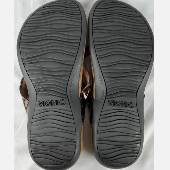Unworn Vionic Mona Brown Tortoise Shell Print Leather Thongs Flip Flops Sz 10 - Picture 6 of 6